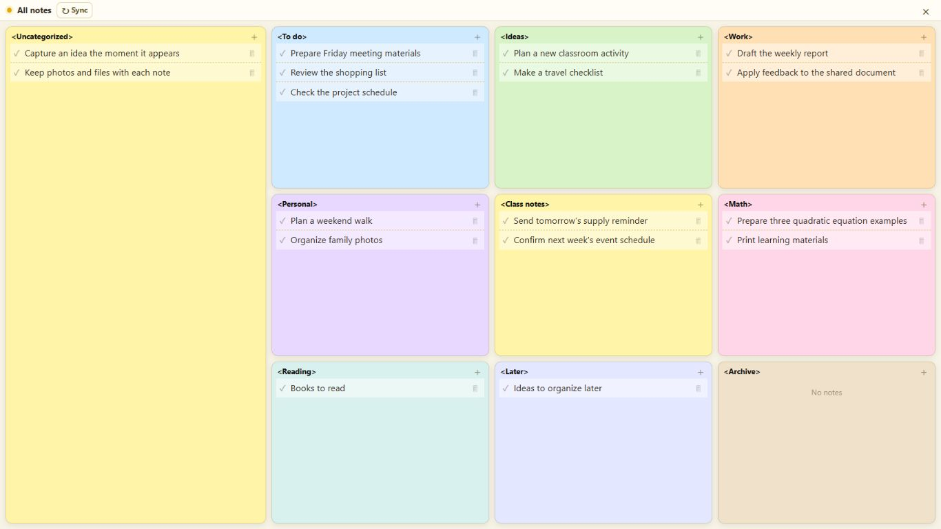 Memo-Chak Windows app showing the all-memos board in English